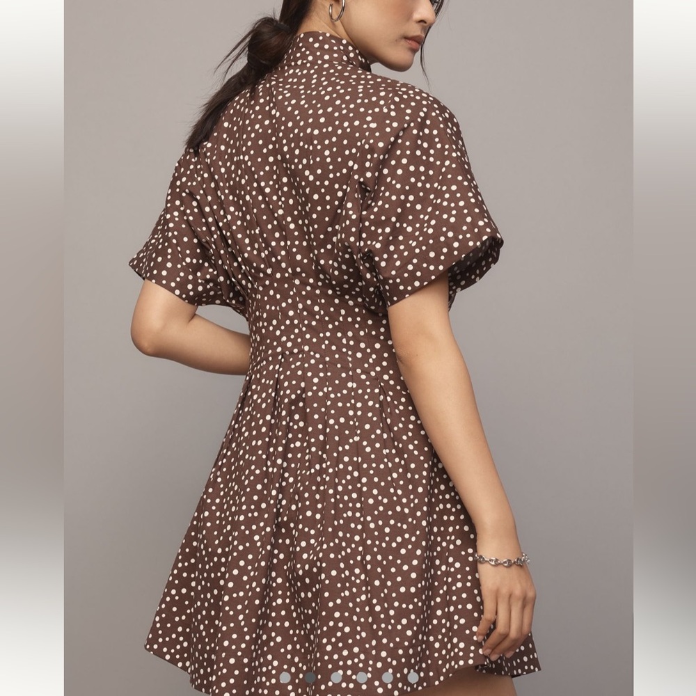 Anthropologie Exquise Tie Neck Tobie Mini Dress - Brown Polka Dot - Picture 2 of 5
